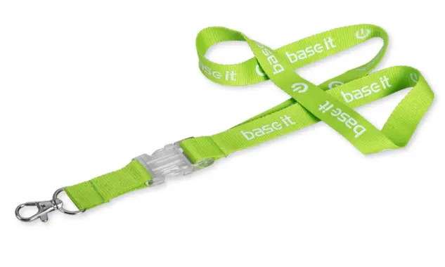 Lanyard mit transparentem Clip-Lock Klassisches Lanyard aus Polyester mit Druck in 20 mm Breite und in Wunschfarbe. Veredelt mit einer transparenten Clip-Lock Steckschnalle.