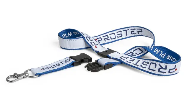 Premium-Schlüsselband mit Logowebung Dieses hochwertige Premium-Schlüsselband hat ein gewebtes Satinband, einen Safety Break-Away Sicherheitsverschluss und einen Clip-Lock.