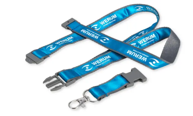 Satin-Lanyard mit eingefärbtem Zubehör Dieses bedruckte Lanyard aus Polyester und Satin wurde mit einem farbigen Sicherheitsverschluss und einer farbigen Steckschnalle ergänzt.