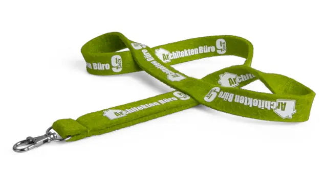 Filz-Lanyard mit Logodruck Dieses trendige und individuell angefertigte Filz-Schlüsselband überzeugt durch seine warme, softe Haptik und ist ein beliebter Begleiter.