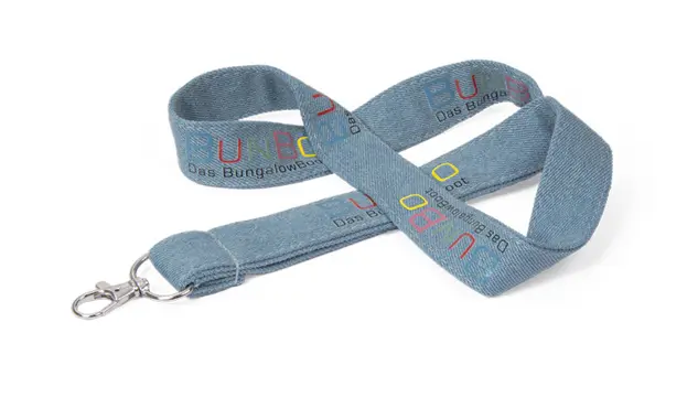 Jeans-Schlüsselband mit Druck Dieses Jeans-Schlüsselband ist 6-farbig im Siebdruck bedruckt und hat einen Sec-Lock als Verschluss.